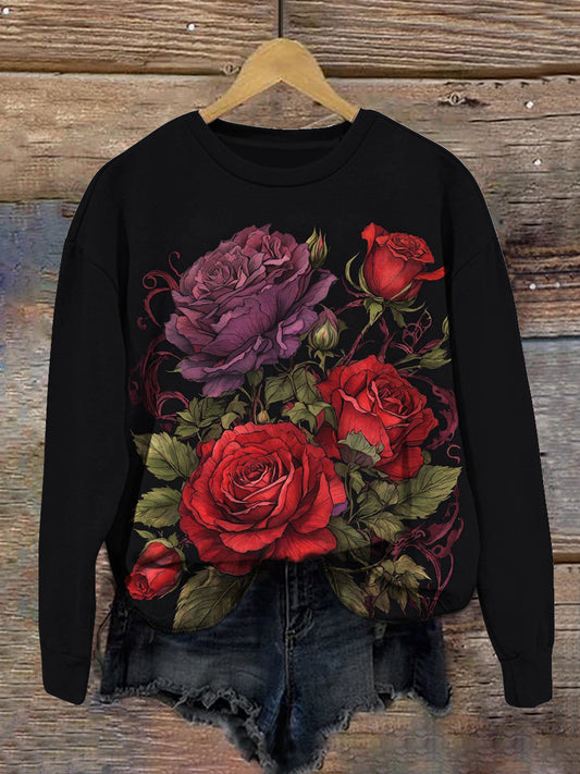 Floral Art Print Unisex Crew Neck Long Sleeve Casual Sweatshirt