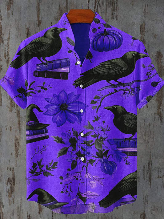 Crow Art Print Stand Collar Short Sleeve Casual Shirt