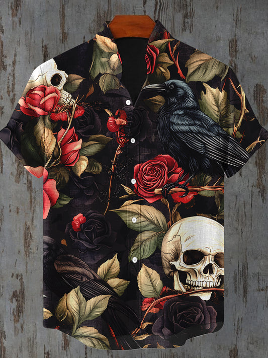 Crow Art Print Stand Collar Short Sleeve Casual Shirt