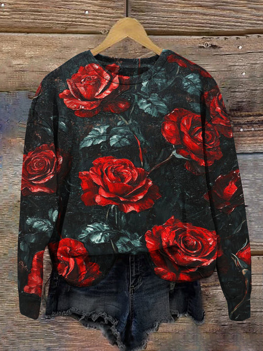 Red Rose Art Print Unisex Round Neck Long Sleeve Casual Sweatshirt