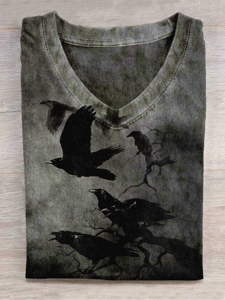 Raven Art Print Unisex V-neck Short Sleeve Casual T-shirt