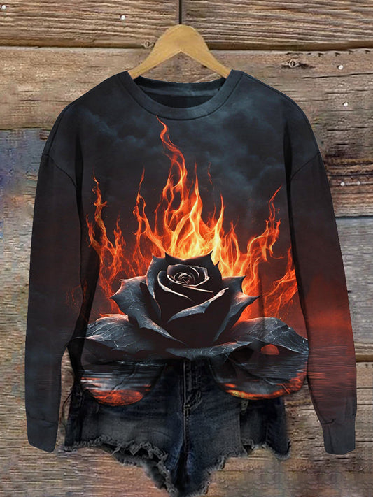 Flame Rose Art Print Unisex Crew Neck Long Sleeve Casual Sweatshirt