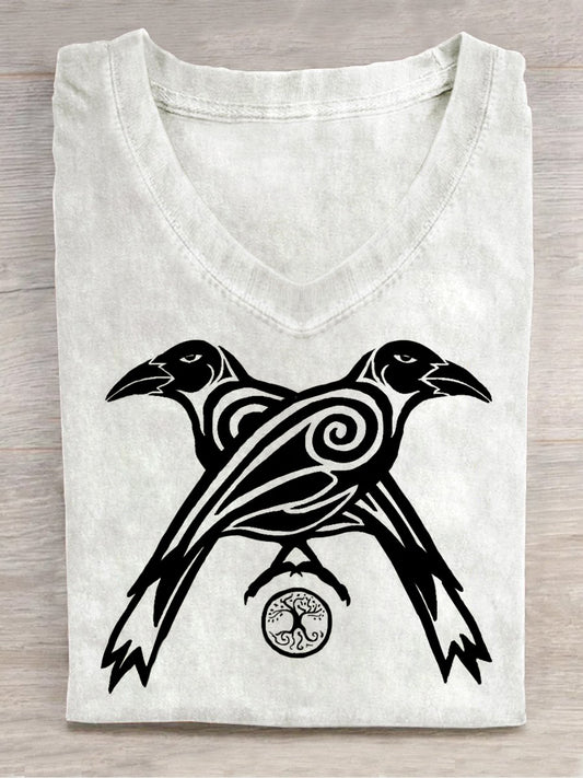 Raven Art Print Unisex V-neck Short Sleeve Casual T-shirt