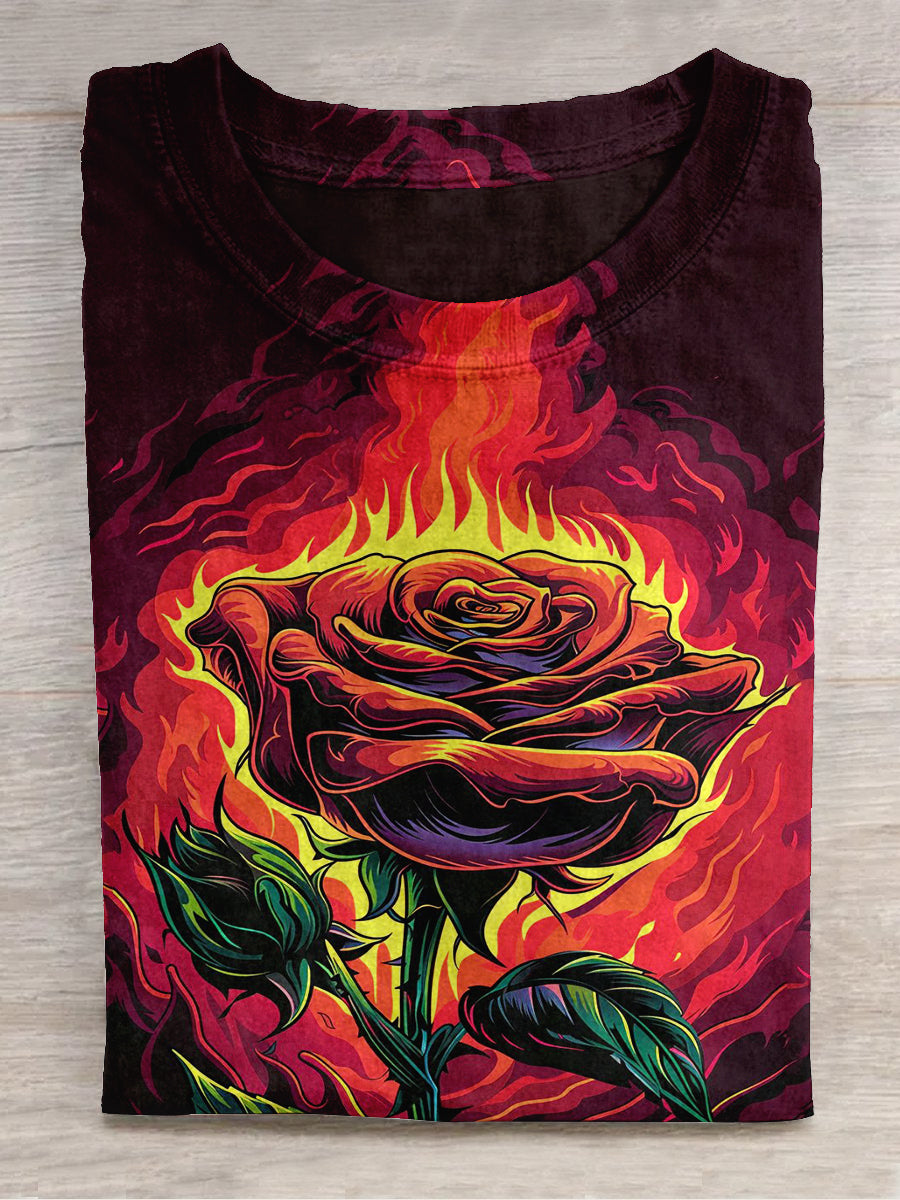 Flame Rose Art Print Unisex Round Neck Short Sleeve Casual T-Shirt