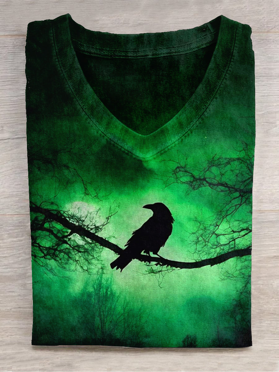 Raven Art Print Unisex V-neck Short Sleeve Casual T-shirt