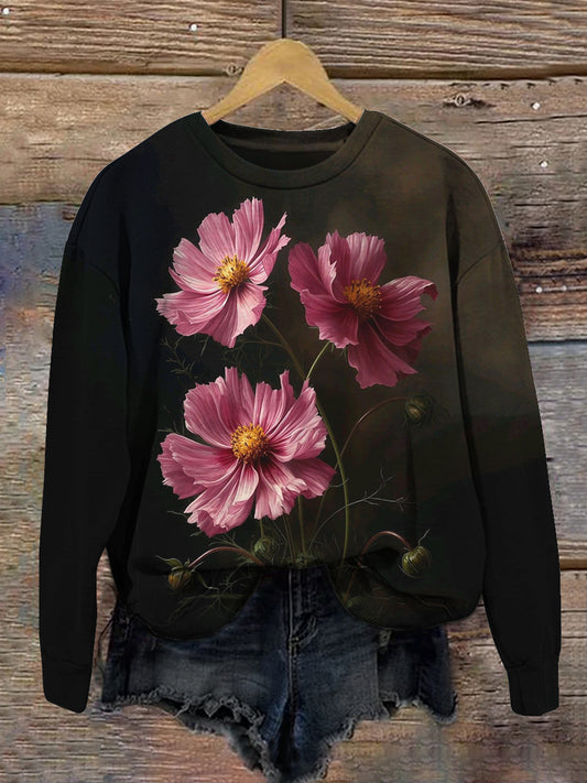 Floral Art Print Unisex Crew Neck Long Sleeve Casual Sweatshirt