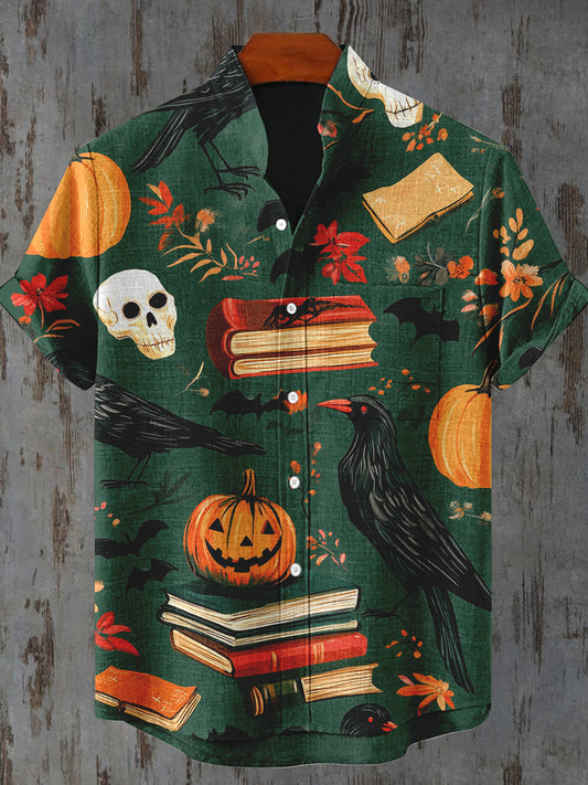 Crow Halloween Art Print Stand Collar Short Sleeve Casual Shirt