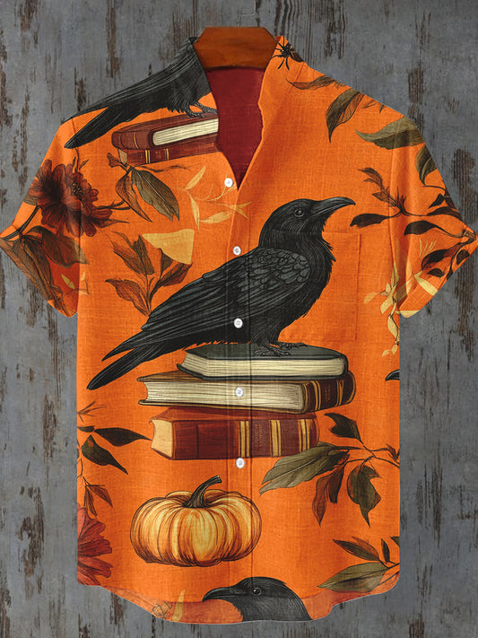 Crow Halloween Art Print Stand Collar Short Sleeve Casual Shirt