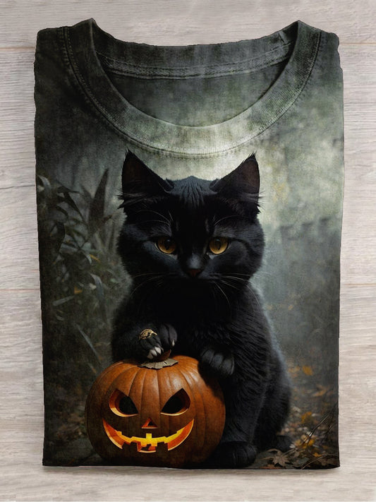 Halloween Pumpkin Monster Black Cat Art Print Unisex Crew Neck Short Sleeve Casual T-Shirt