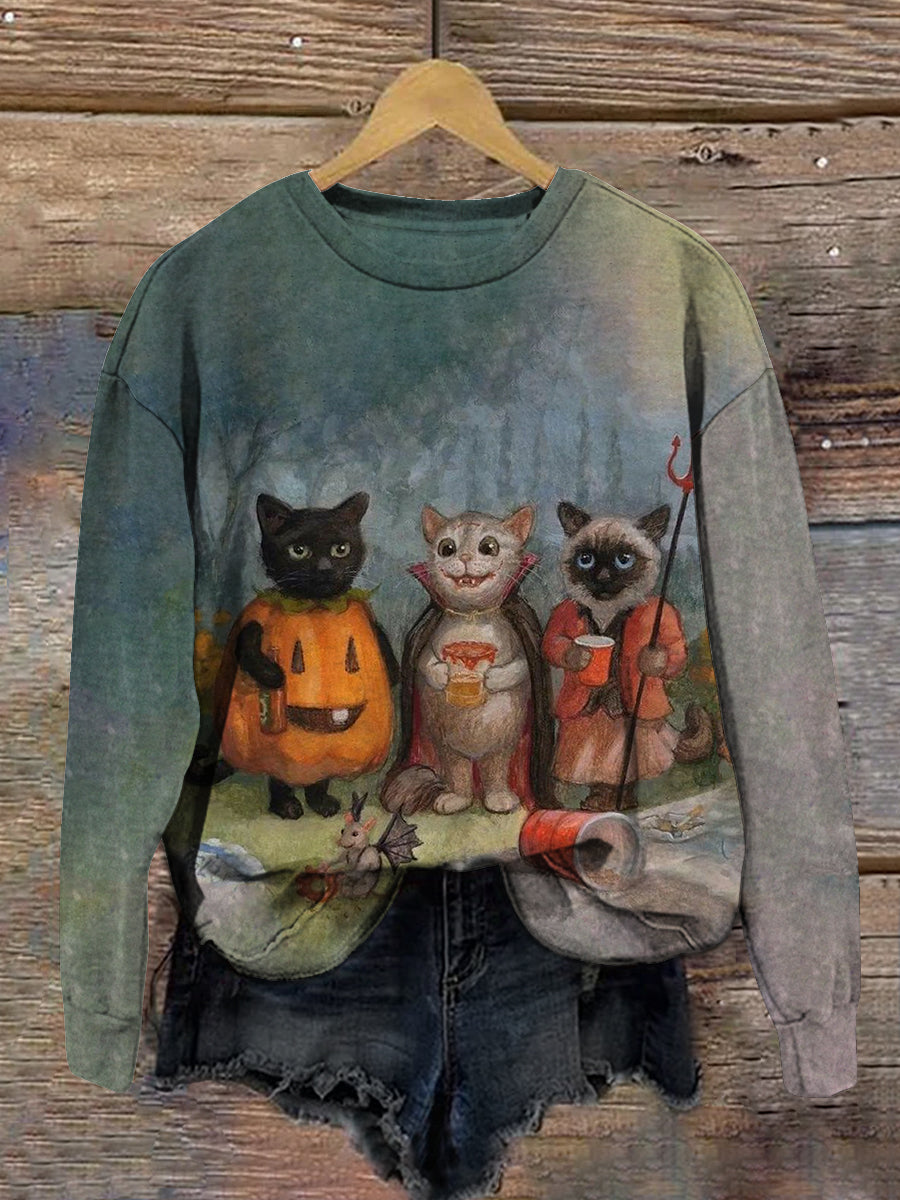 Cat Art Print Unisex Crew Neck Long Sleeve Casual Sweatshirt