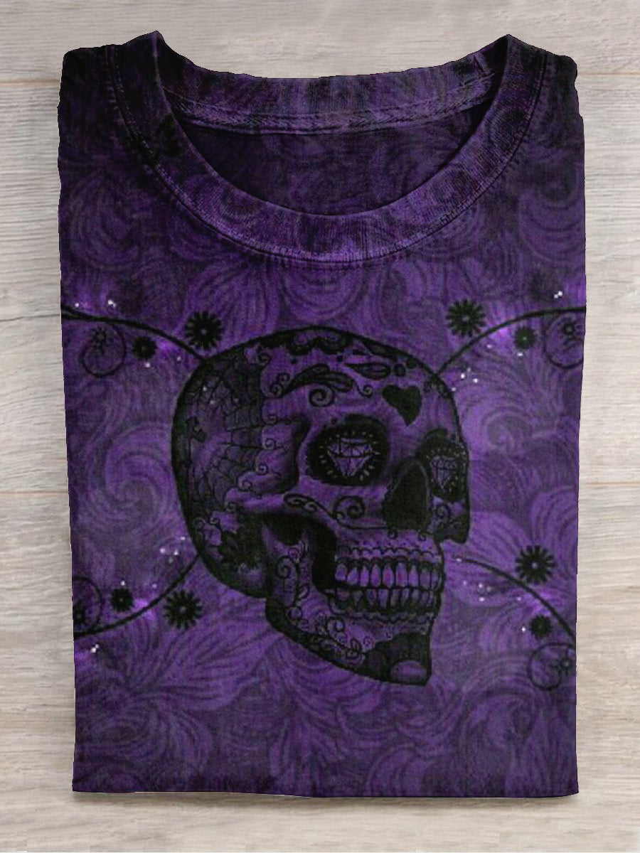 Skull Art Print Unisex Round Neck Short Sleeve Casual T-Shirt