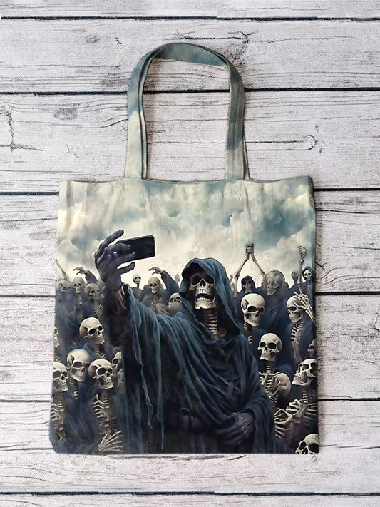 Unisex Skull Selfie Illustration Print Cotton Canvas Bag