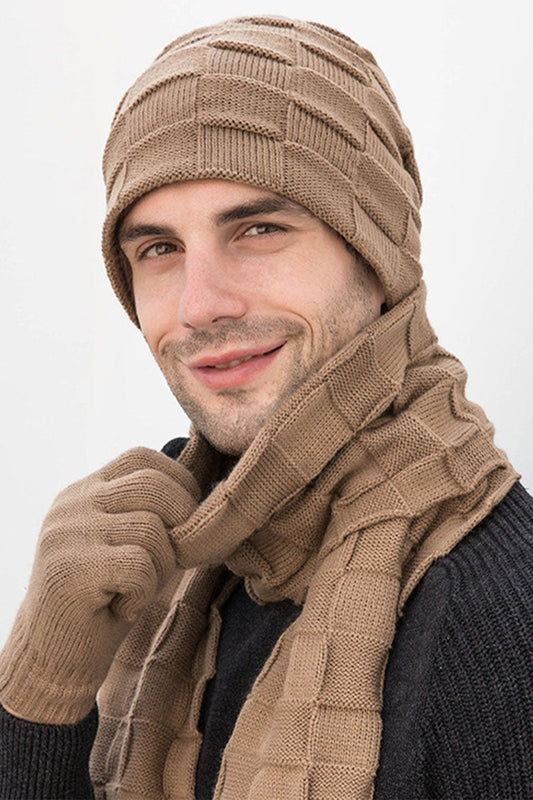 Men's Casual Warm Hat, Scarf, Gloves And Velvet Knitted Three-Piece Set