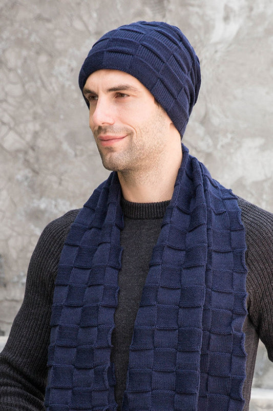 Men's Casual Warm Hat, Scarf, Gloves And Velvet Knitted Two-Piece Set