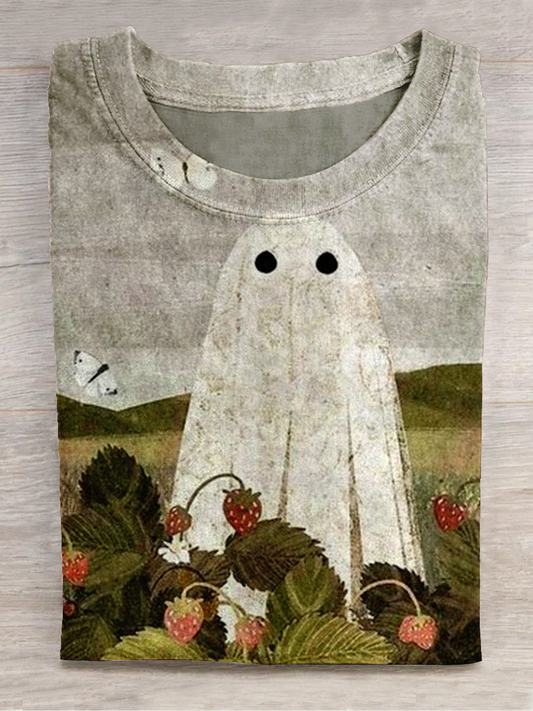 Ghostly Halloween Art Print Round Neck Short Sleeve Casual T-Shirt