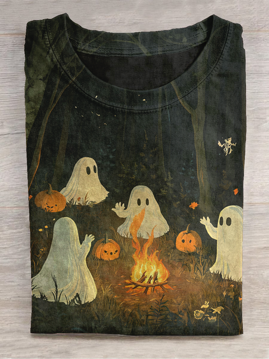 Ghostly Halloween Art Print Round Neck Short Sleeve Casual T-Shirt