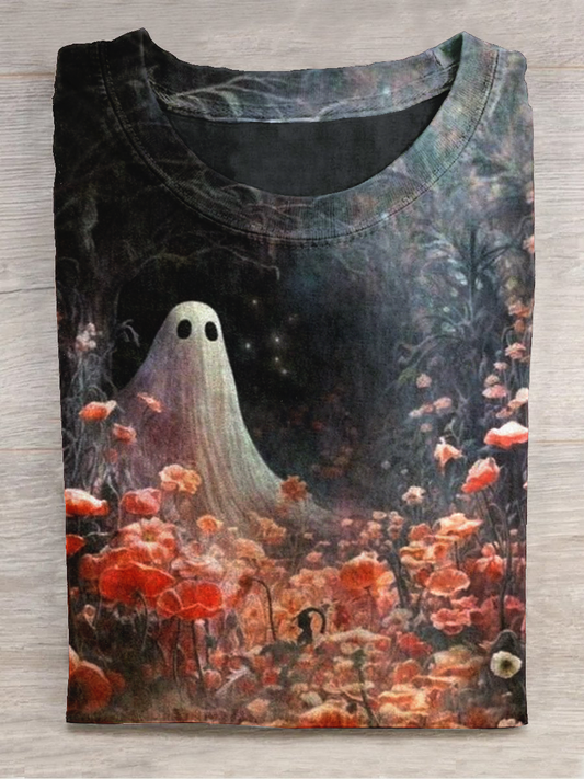 Ghostly Halloween Art Print Round Neck Short Sleeve Casual T-Shirt