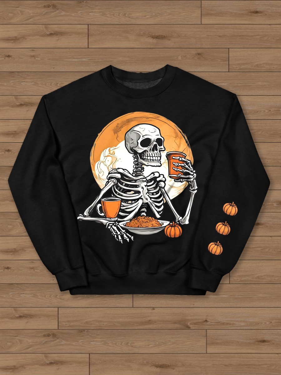 Halloween Pumpkin Skull Print Round Neck Casual Sweatshirt