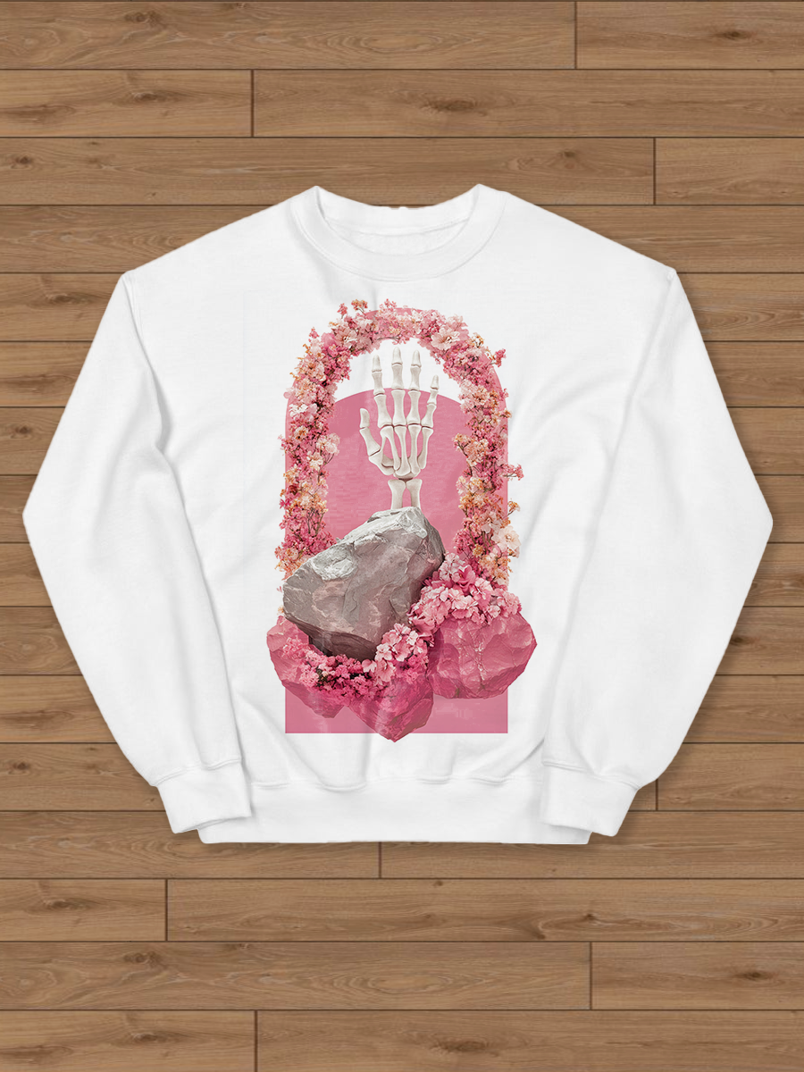 Pink bunny skull print crew neck casual sweatshirt