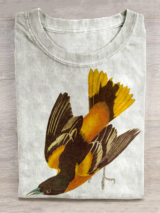 Yellow tit art print unisex round neck short sleeve casual T-shirt