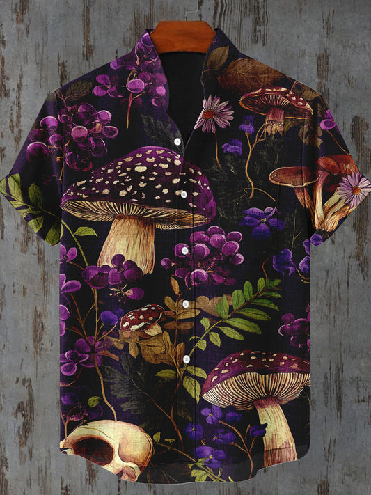 Toxic Mushroom Art Print Stand Collar Short Sleeve Casual Shirt