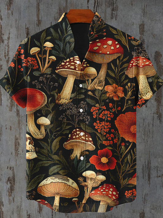 Toxic Mushroom Art Print Stand Collar Short Sleeve Casual Shirt