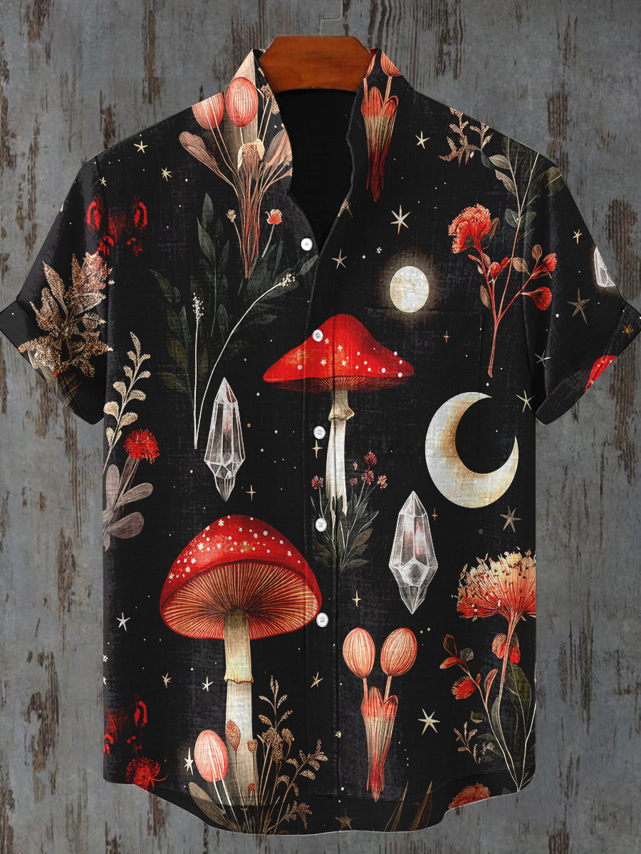 Toxic Mushroom Art Print Stand Collar Short Sleeve Casual Shirt