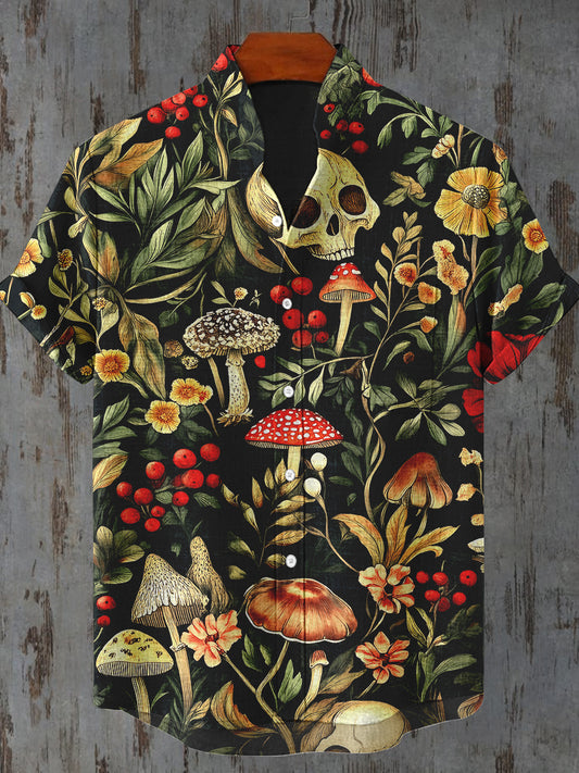 Toxic Mushroom Art Print Stand Collar Short Sleeve Casual Shirt