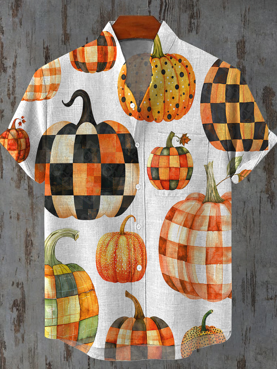 Halloween Pumpkin Art Print Short Sleeve Casual Shirt