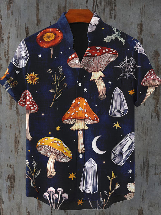 Toxic Mushroom Art Print Stand Collar Short Sleeve Casual Shirt