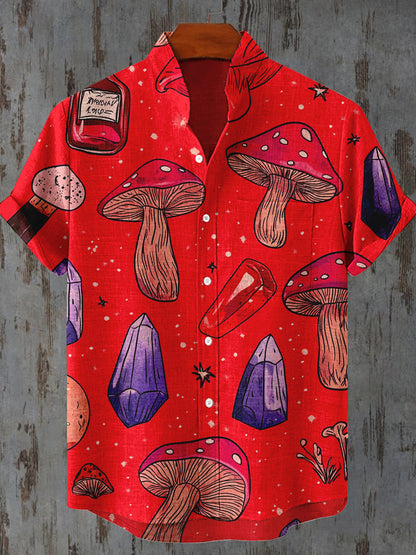 Toxic Mushroom Art Print Stand Collar Short Sleeve Casual Shirt