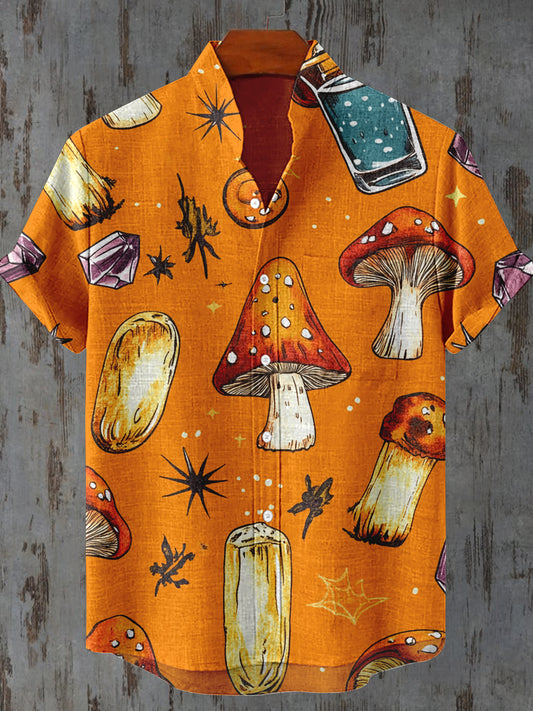 Toxic Mushroom Art Print Stand Collar Short Sleeve Casual Shirt