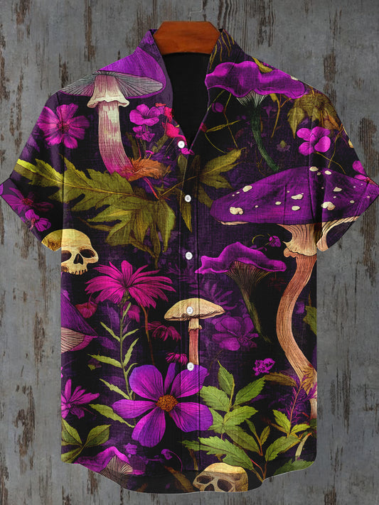 Toxic Mushroom Art Print Stand Collar Short Sleeve Casual Shirt