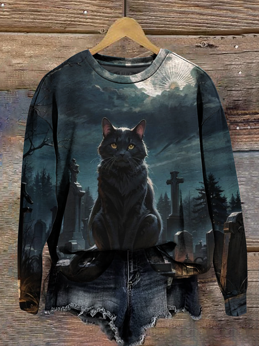 Magic Cat Magic Book Art Shirt Printed Round Neck Short Sleeve Casual Sweatshirt