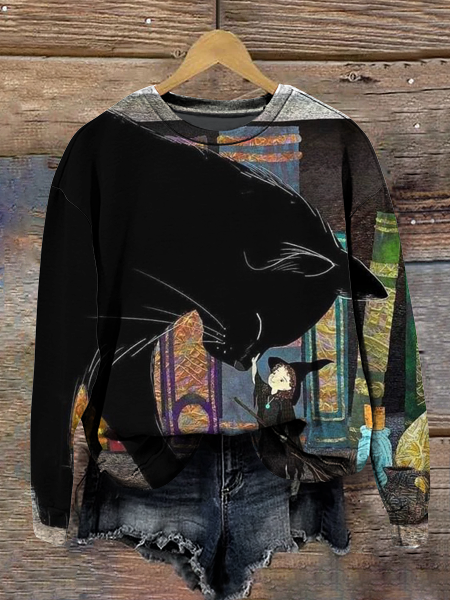 Magic Cat Magic Book Art Shirt Printed Round Neck Short Sleeve Casual Sweatshirt