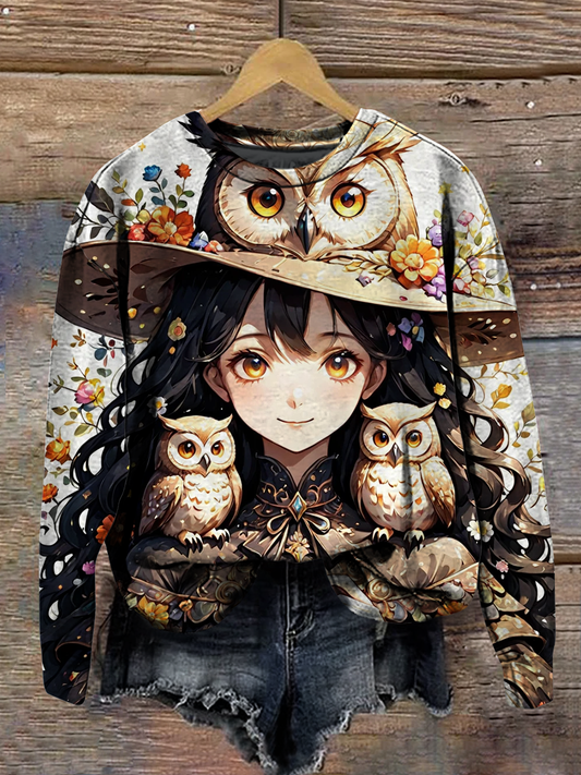 Magic Owl Art Shirt Printed Round Neck Long Sleeve Casual Sweatshirt