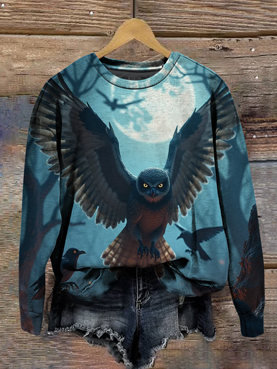 Magic Owl Art Shirt Printed Round Neck Long Sleeve Casual Sweatshirt