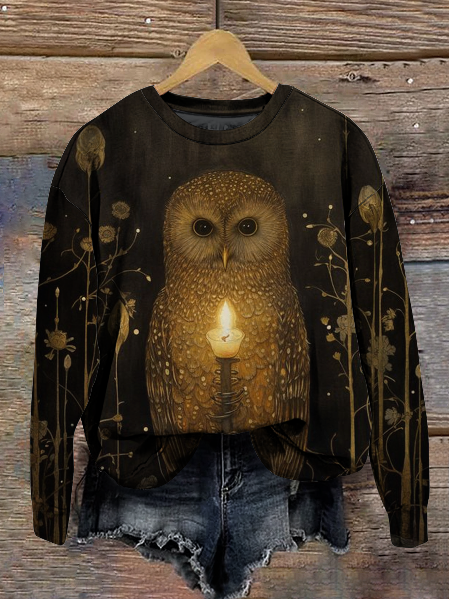 Magic Owl Art Shirt Printed Round Neck Long Sleeve Casual Sweatshirt