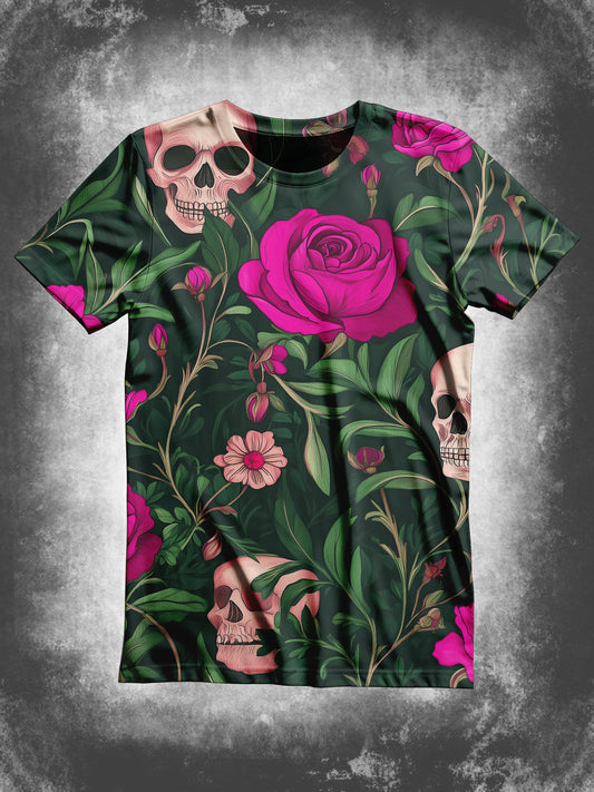 Skull Floral Art Print Unisex Casual T-Shirt