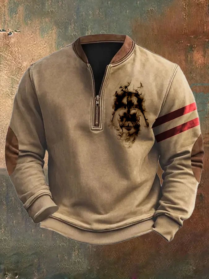 Men's Retro Colorblock Pattern Zip Neck Casual Pullover