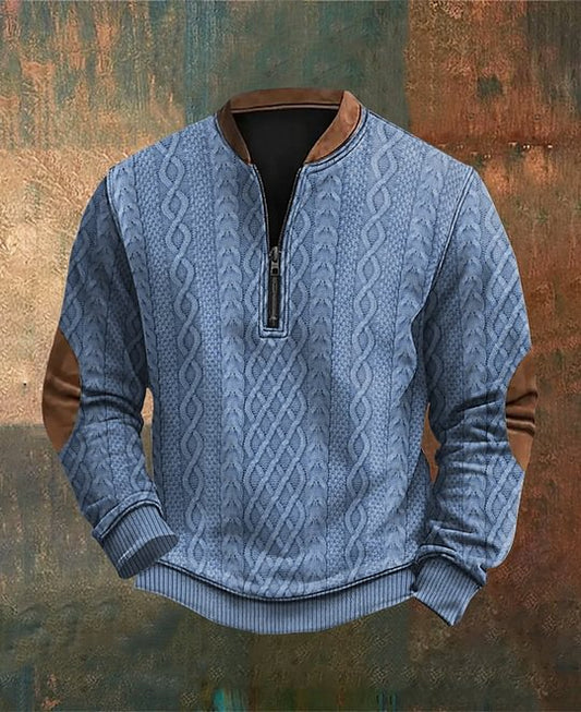 Men's Retro Colorblock Pattern Zip Neck Casual Pullover