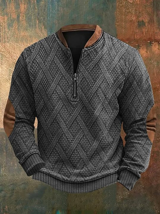 Men's Retro Colorblock Pattern Zip Neck Casual Pullover