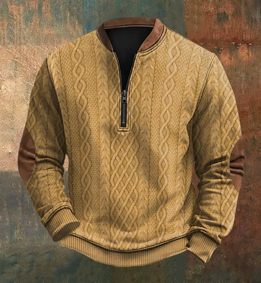 Men's Retro Colorblock Pattern Zip Neck Casual Pullover