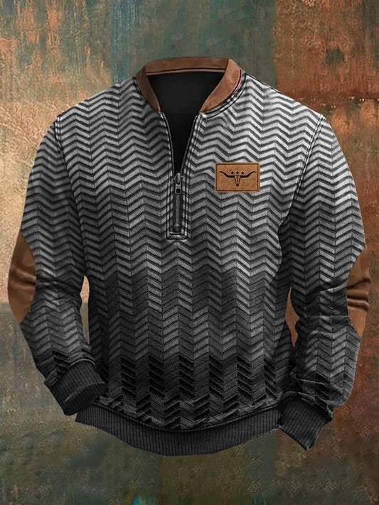 Men's Retro Colorblock Pattern Zip Neck Casual Pullover