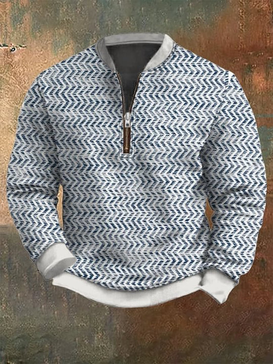 Men's Retro Colorblock Pattern Zip Neck Casual Pullover