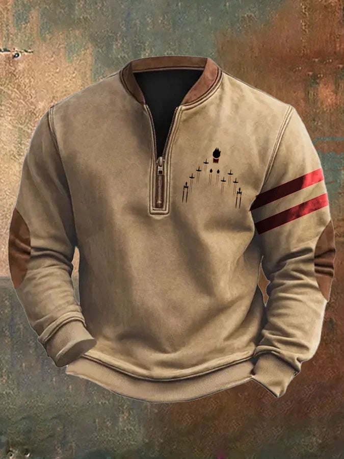 Men's Retro Colorblock Pattern Zip Neck Casual Pullover