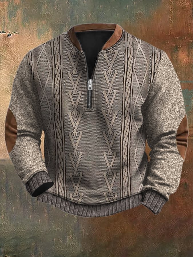 Men's Retro Colorblock Pattern Zip Neck Casual Pullover