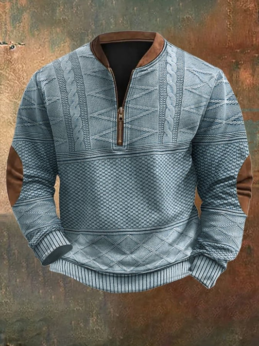 Men's Retro Colorblock Pattern Zip Neck Casual Pullover