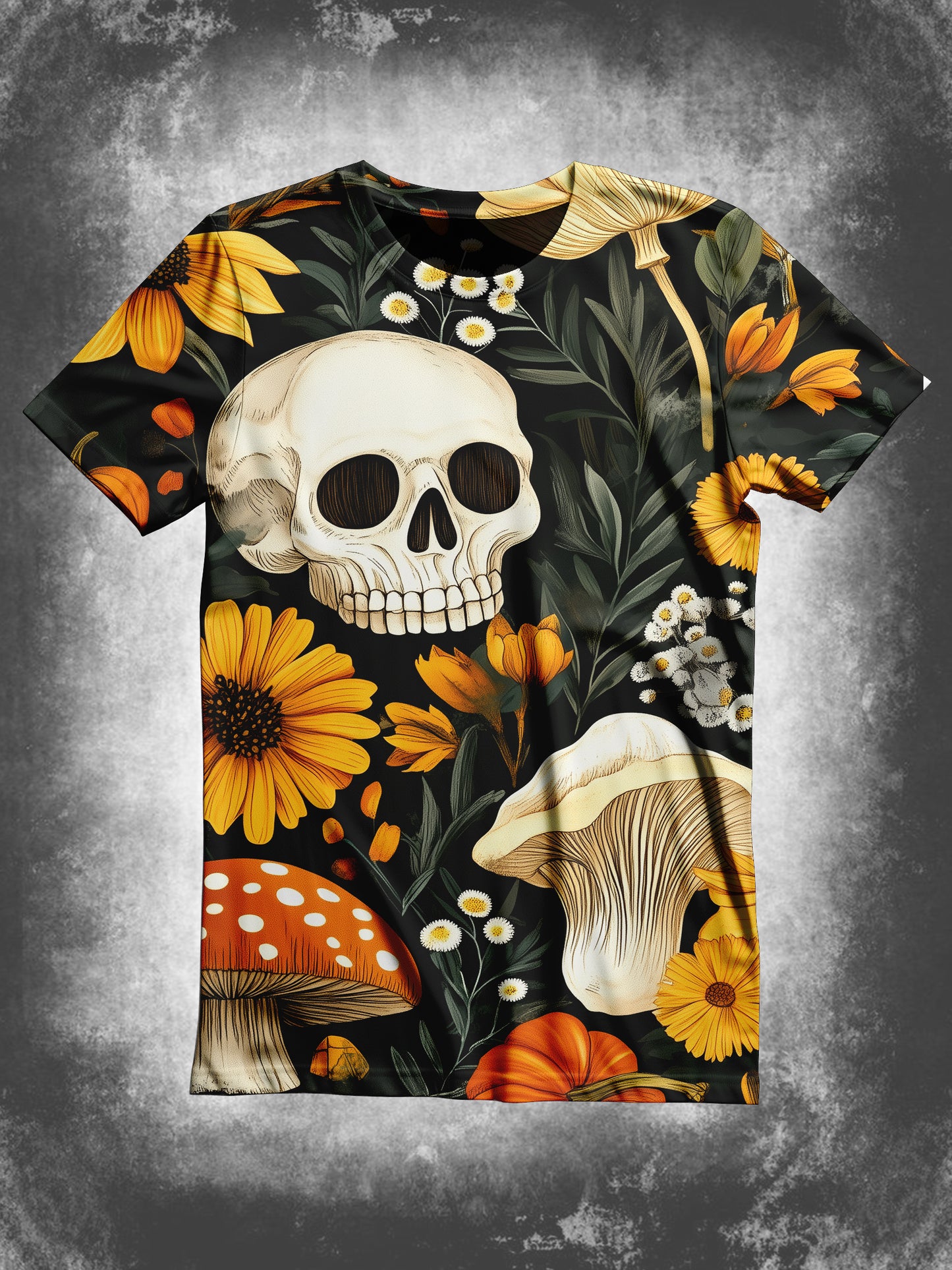 Skull Floral Mushroom Art Print Unisex Casual T-Shirt