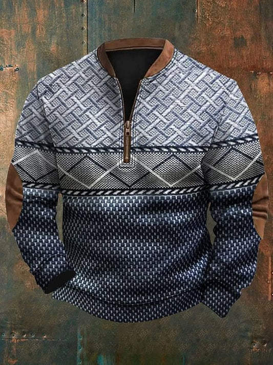 Men's Retro Colorblock Pattern Zip Neck Casual Pullover